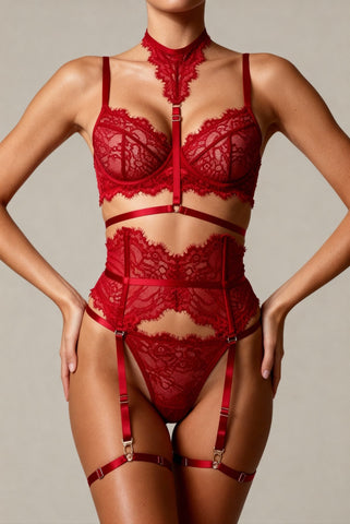 Completo lingerie per donna cinque pezzi - MOON Rosso 