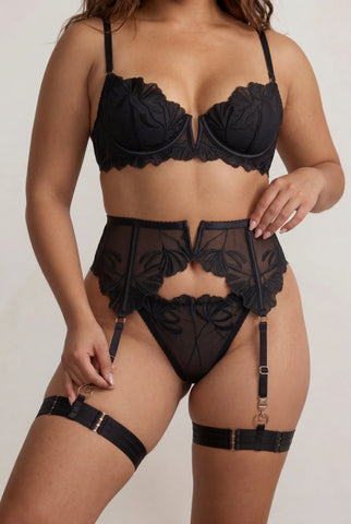 Set di lingerie da donna quattro pezzi con giarrettiere e guanti - FLAME Nero 