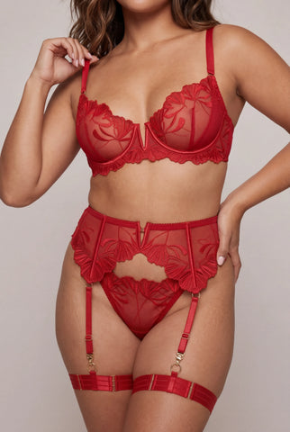 Set di lingerie per donna quattro pezzi con giarrettiere e guanti - FLAME Rosso 